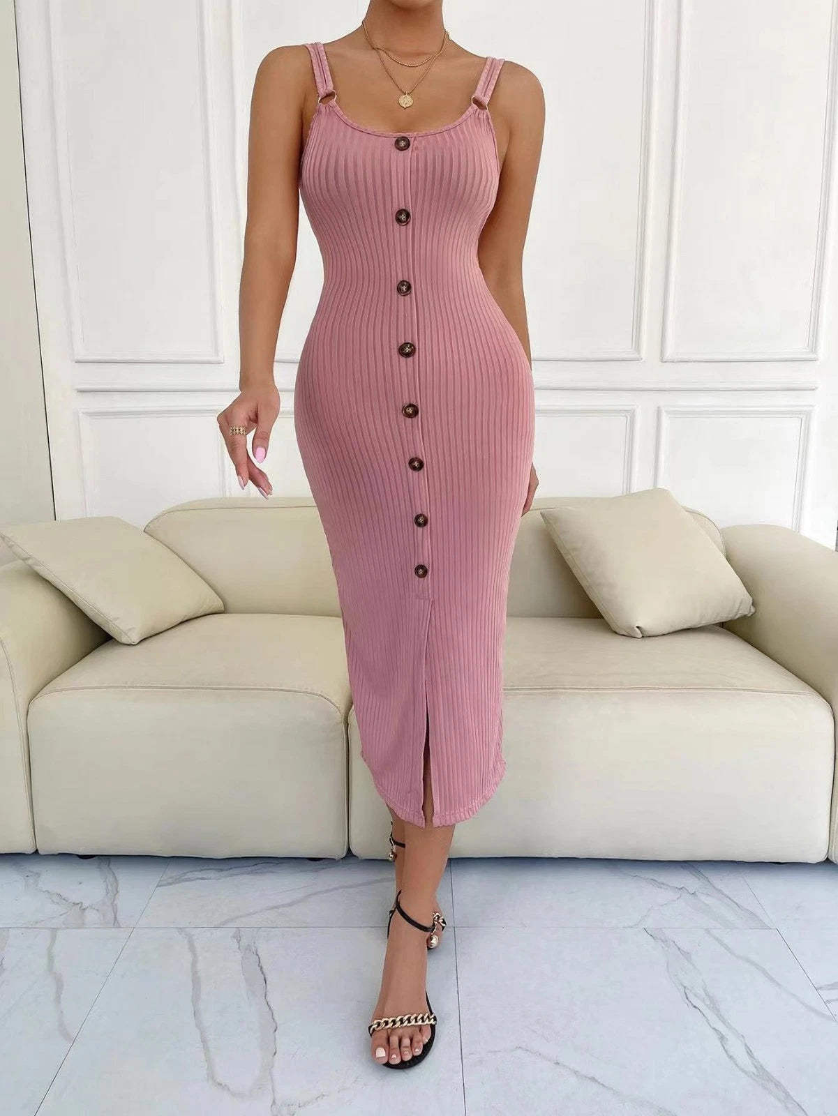 Women Ribbed Bodycon Dress Summer Party Clubwear Front Slit Dress Strappy Party